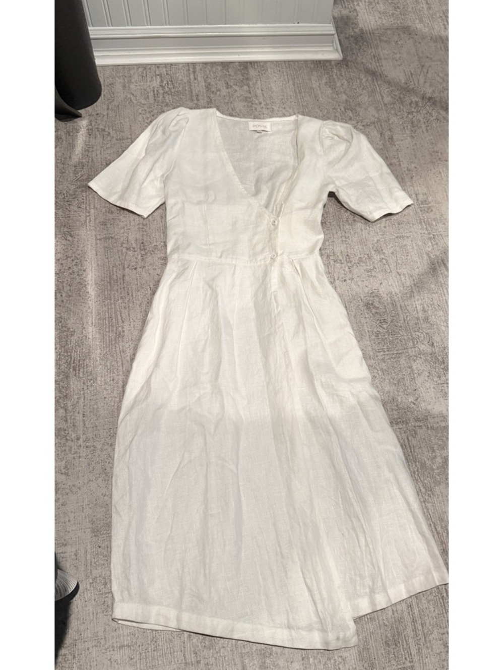 Posse White Linen Button Down faux wrap style midi dress w slit Small
